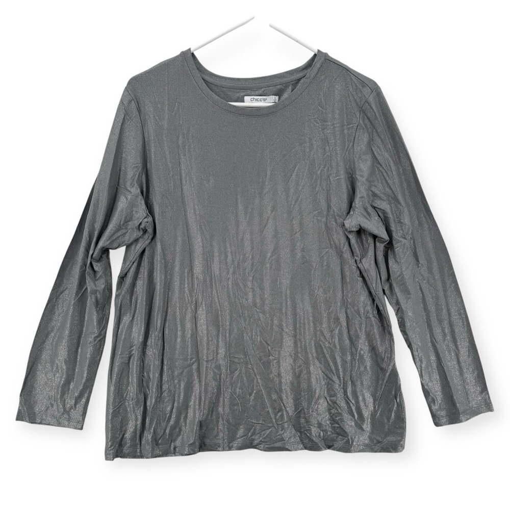 Chico's‎ Metallic Top Womens Size 3 / XL Gray Stretchy Long Sleeve Shirt NWOT